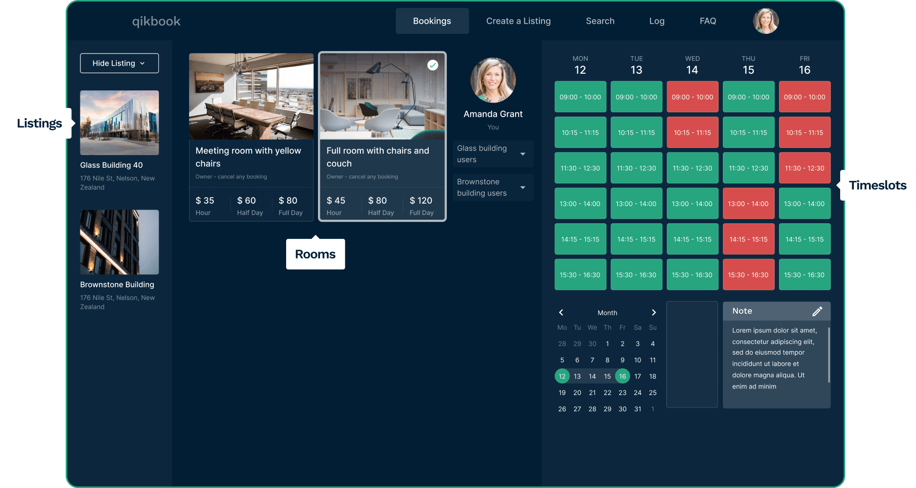 Screenshot of the qikbook app's booking interface, featuring a left sidebar with building options, a central panel displaying various meeting rooms with images and pricing, a profile section at the top showing user bookings, and a right sidebar with a detailed timeslot schedule and a notes section.